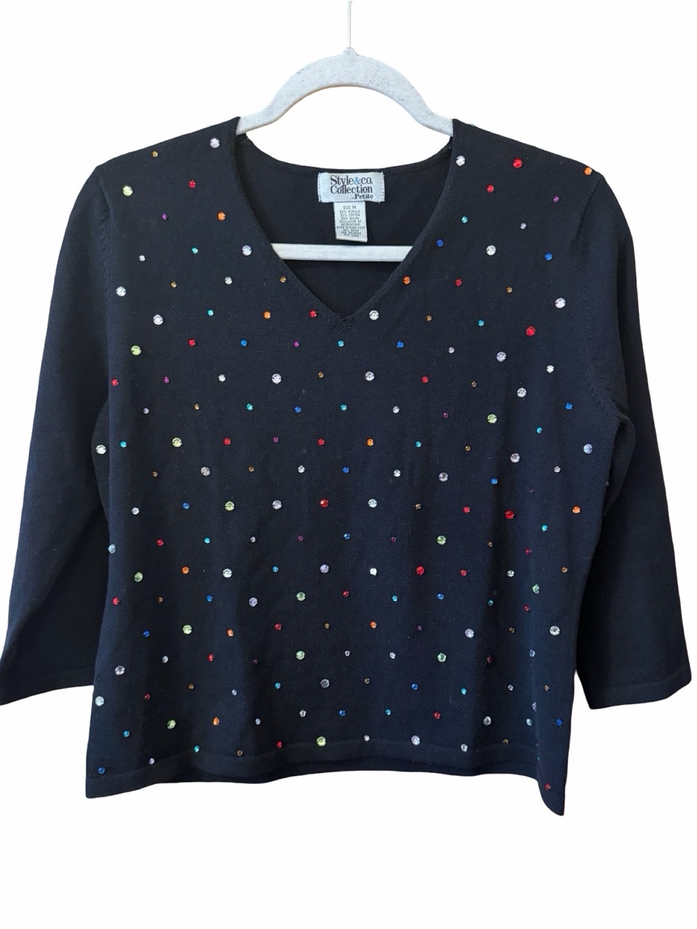 Style & Co. Black V-Neck Sweater with Multicolor Polka Dots